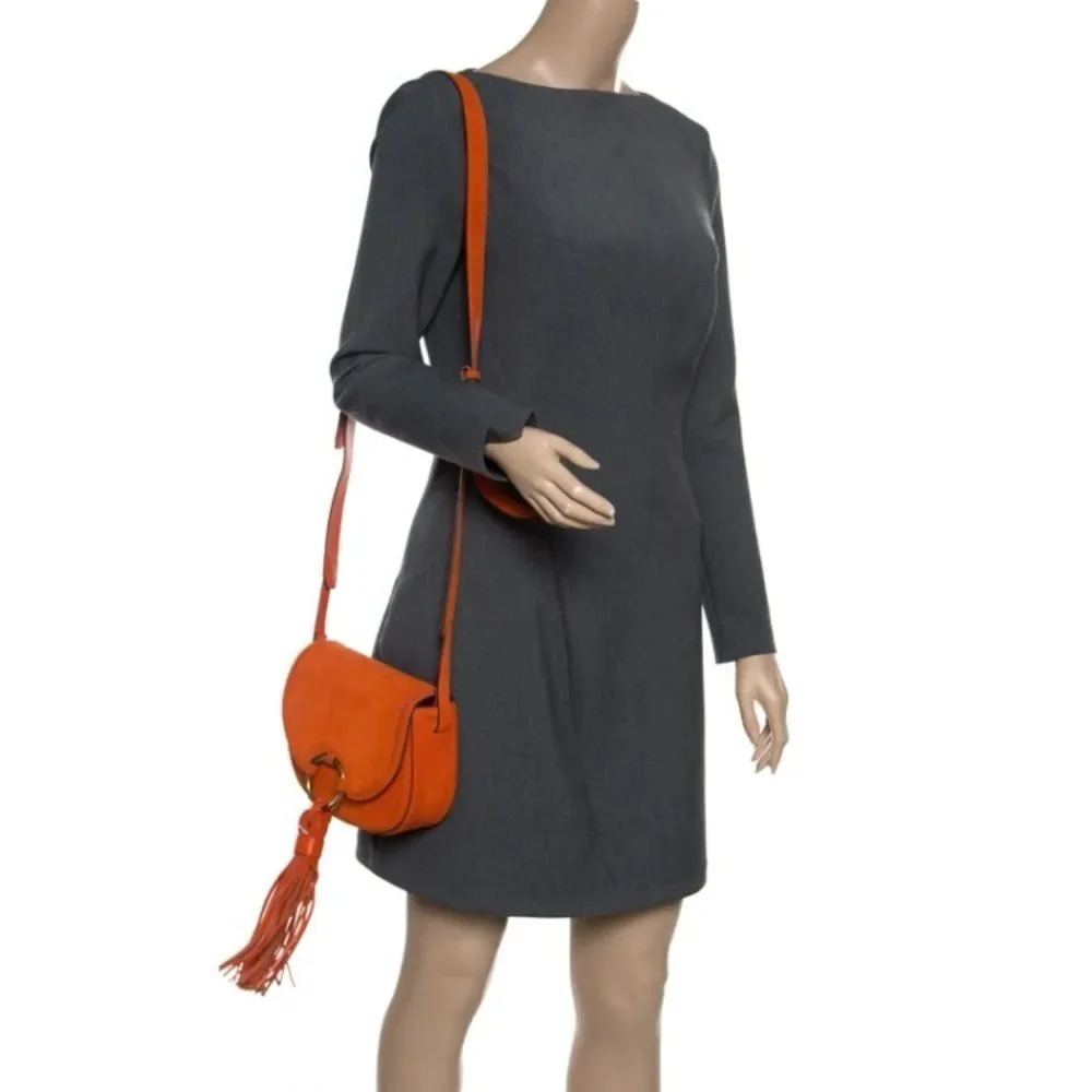 NWT Tory Burch Tassel Mini Saddle Bag Pure Orange Suede Leather Crossbody